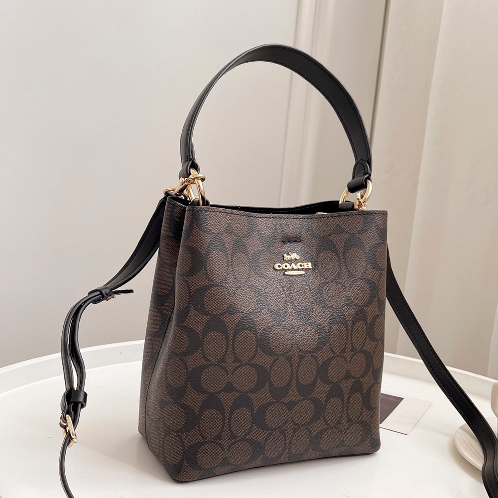 Coach Small Signature Bucket Bag Brown Monogram Shoulder Crossbody Handbag